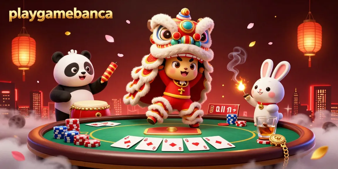 Engage with playgamebanca in a vibrant 3D scene featuring a lion dance, poker elements, and festive decor.