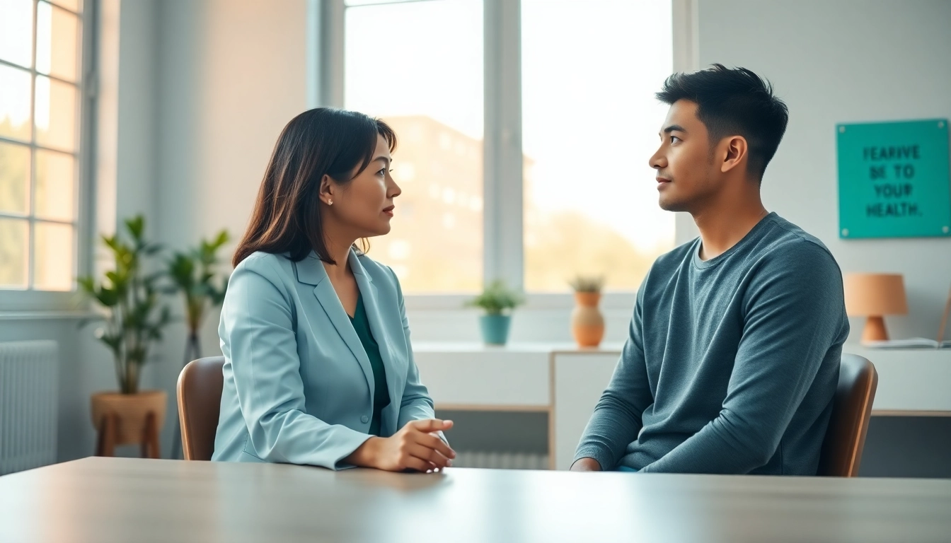 Therapist engaging in mental health care session in a calming office environment.
