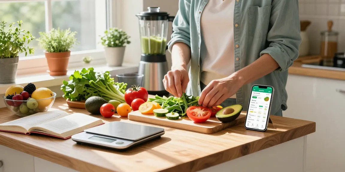 Healthy meal preparation with the best food tracking app visible on smartphone showcasing vibrant ingredients and a sunny kitchen setting.