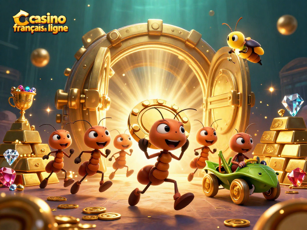 Les fourmis transportent une puce de poker massive pour jouer au casino français en ligne, accompagnées d'un lucioles et d'un sauterelle.