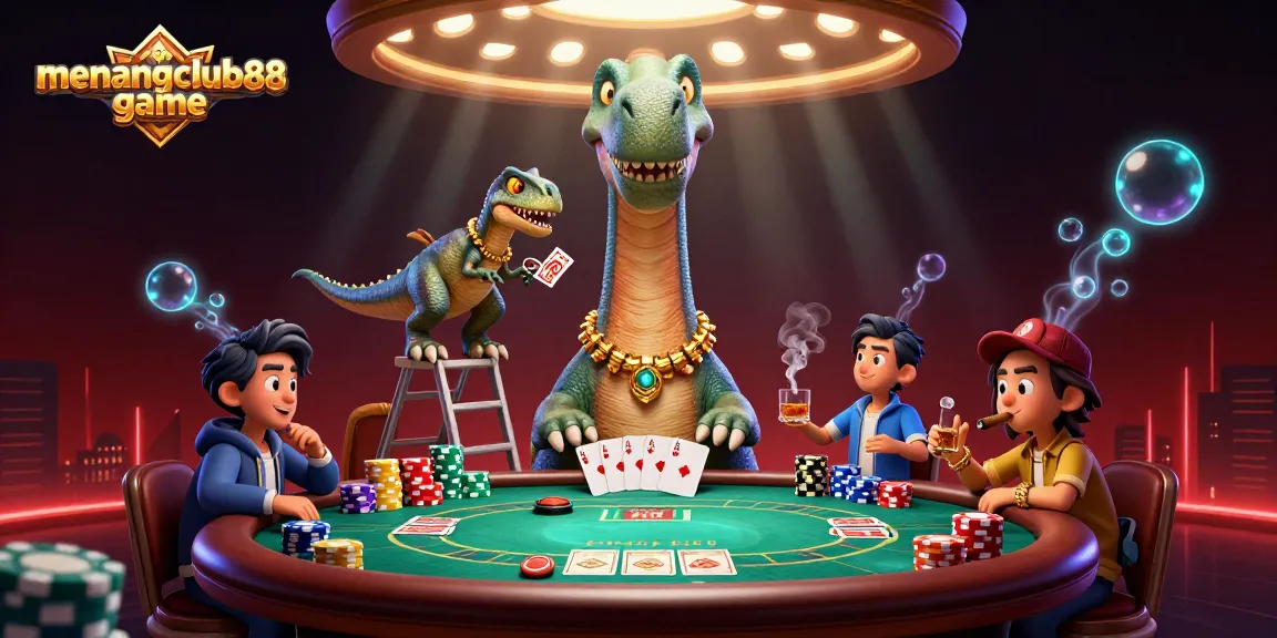 Experience exciting menangclub88 game action with a vibrant 3D casino illustration showcasing unique characters and dynamic poker elements.