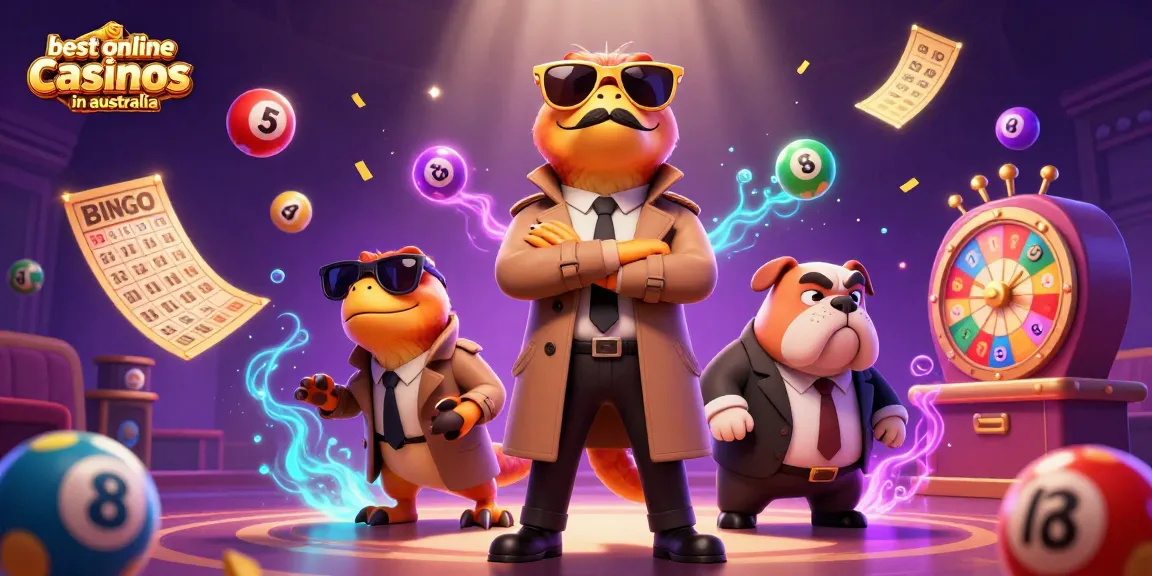 Bouncing colorful lottery balls surround three raptors in a trench coat entering a casino, highlighting the best online casinos in Australia.