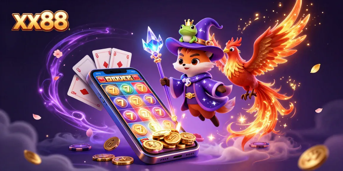 Experience the magic of xx88 with a vibrant 3D illustration showcasing a wizard fox and phoenix in a casino setting.