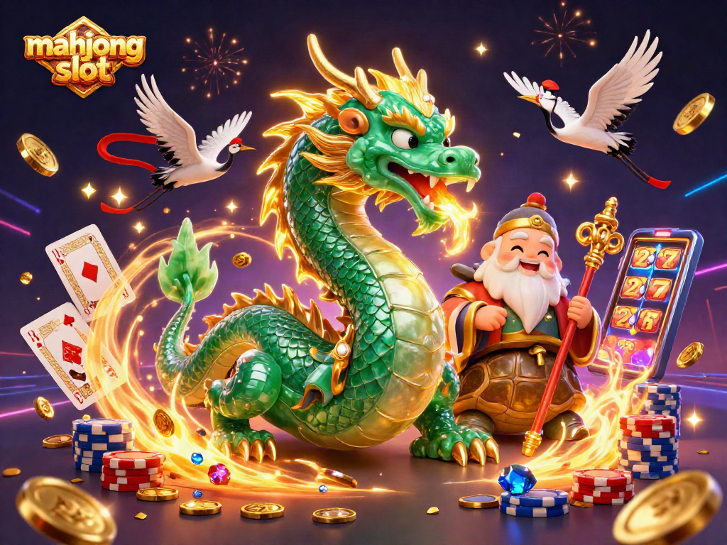 Experience thrills with mahjong slot surrounded by vibrant casino elements of luck and fortune.