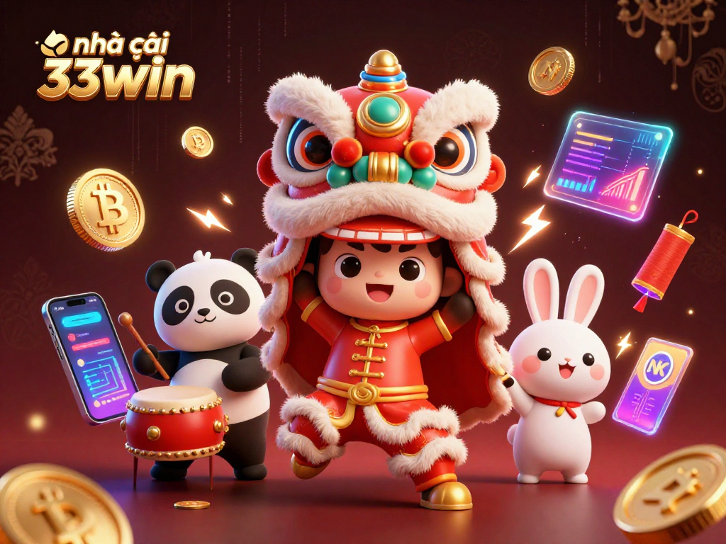 Engage with nhà cái 33win's vibrant casino scene featuring a lion dance, drumming panda, and crypto coins.
