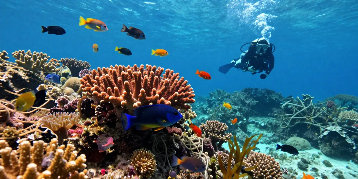 Kelincilaut swimming gracefully among vibrant coral reef, showcasing marine biodiversity.