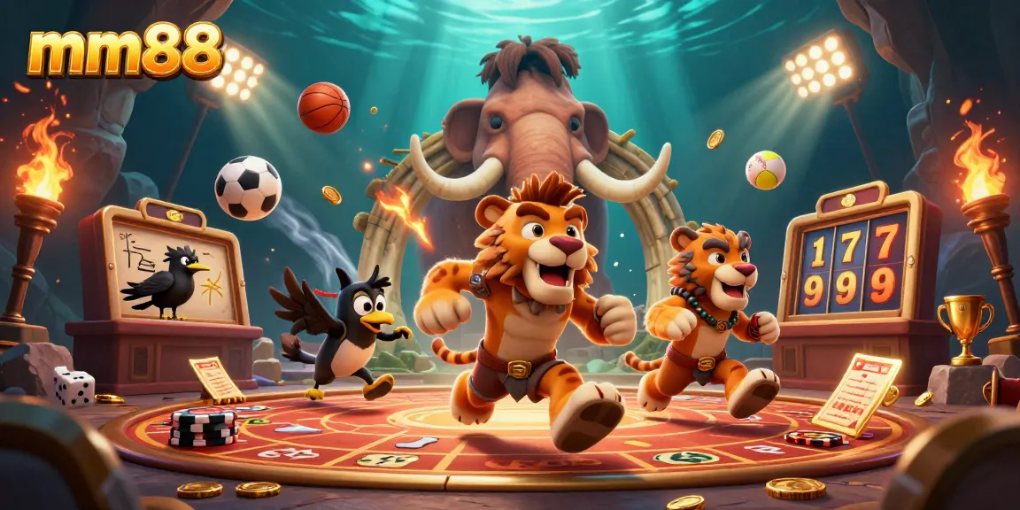 Experience thrilling gameplay at mm88 with dynamic scenes of cavemen and exciting casino elements.