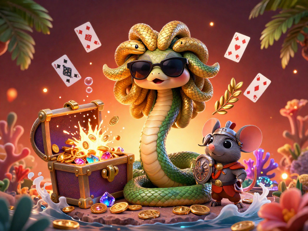 thomayman enhances gaming experience with playful Medusa and warrior mouse in a vivid casino scene.