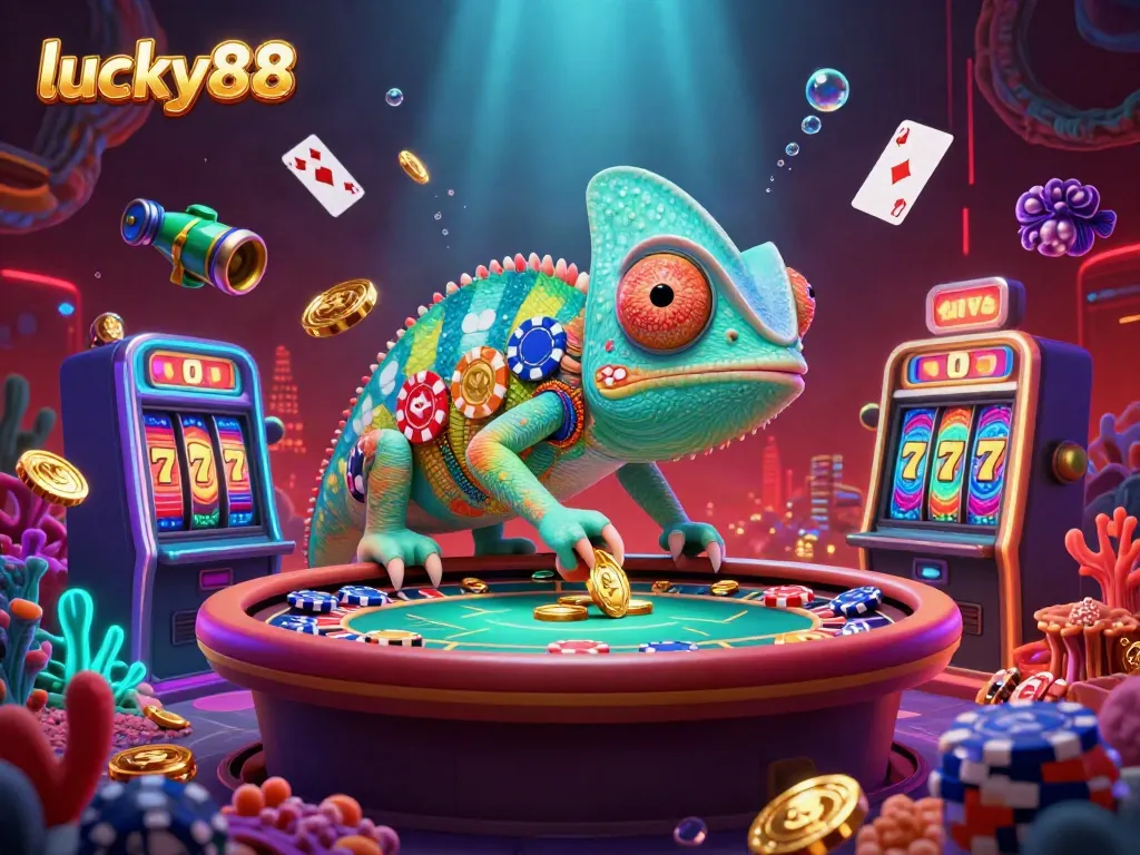 Engage with the exciting lucky88 casino scene featuring a colorful chameleon owner amidst vibrant gaming elements and deep underwater ambiance.