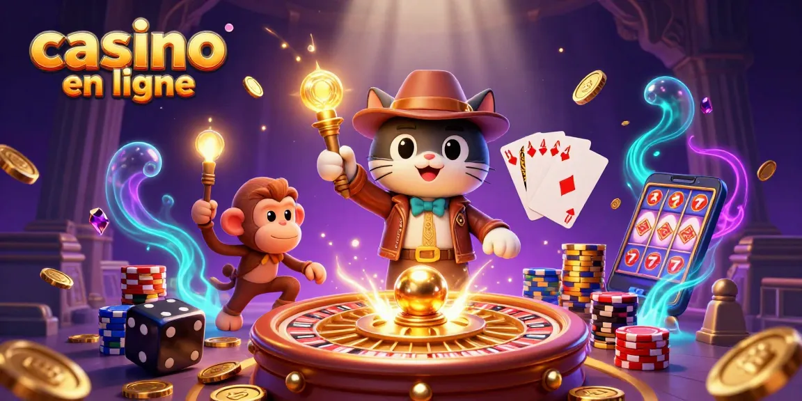 Illustration dynamique de casino en ligne avec un chat explorateur et un singe, trouvant un artefact précieux.