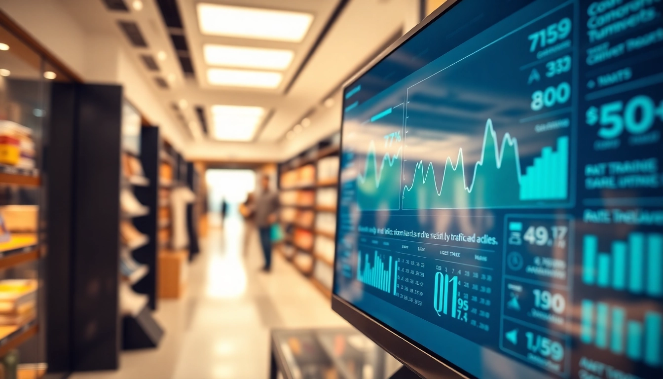 Analyzing retail footfall analytics data through a modern workspace showcasing metrics and graphs.