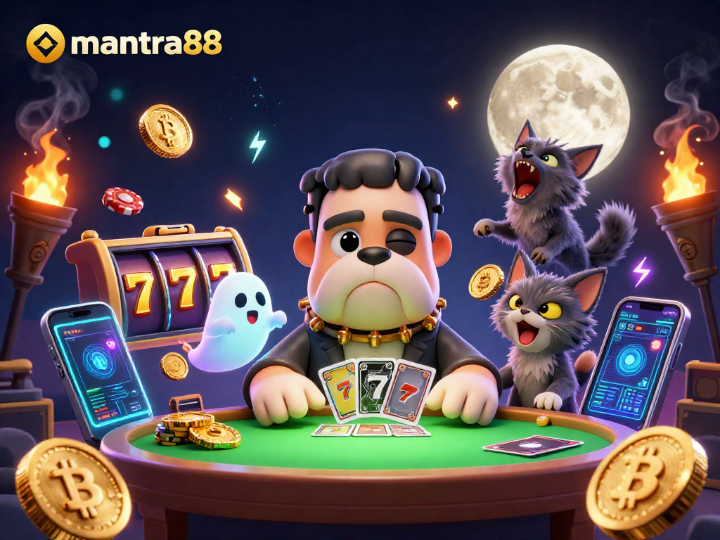 Experience excitement with mantra88 as a Frankenstein bulldog deals cards at a vibrant casino table.