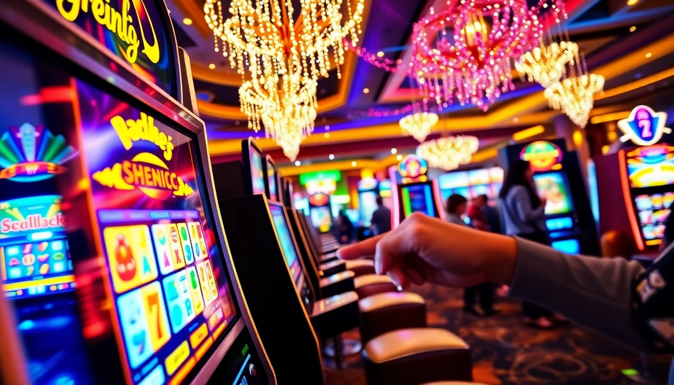 Engage in thrilling slot gambling at a vibrant casino filled with colorful machines and excitement.