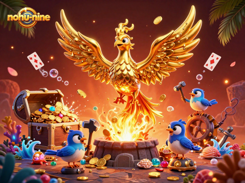 Experience the thrill of nohu-nine as golden coins and playing cards whirl in a casino-themed 3D scene.