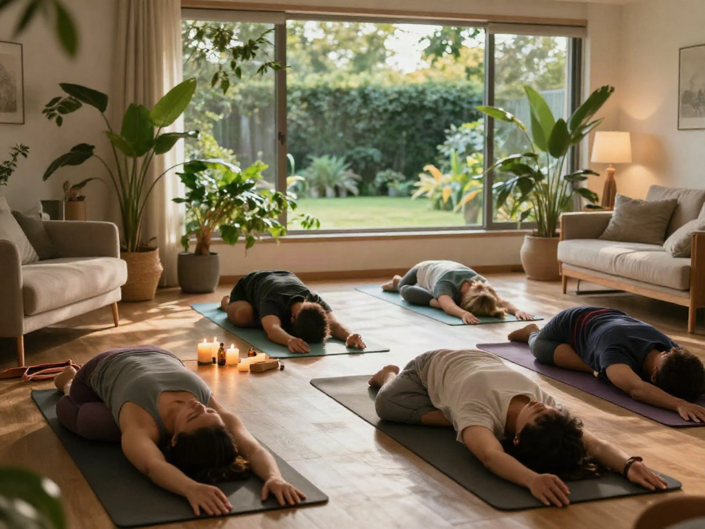 Friends practicing bolakami yoga in a beautiful home setting surrounded by serene plants and natural light