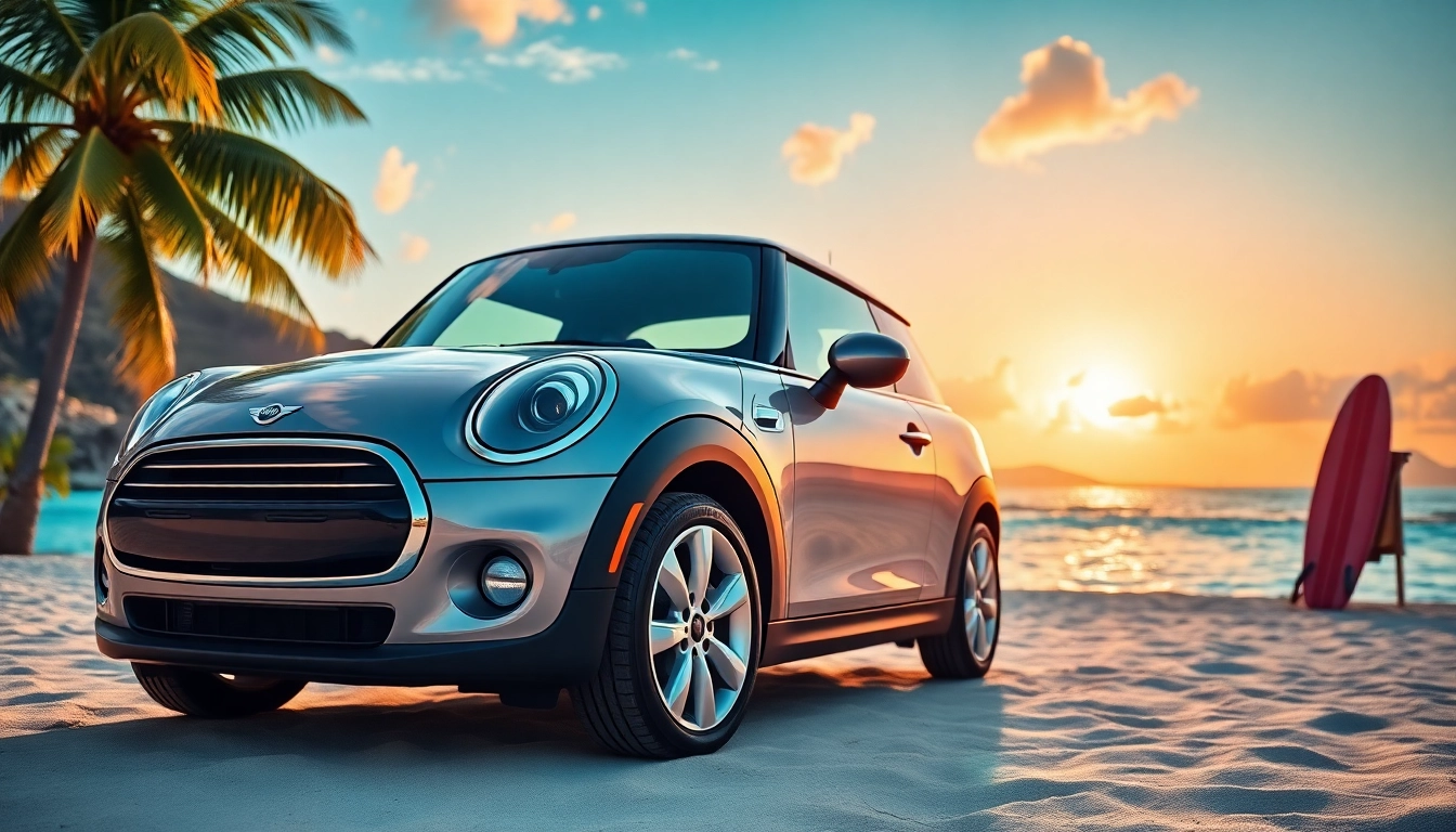 Rent Mini Cooper St Barts along a stunning beach with palm trees and a sunset backdrop.