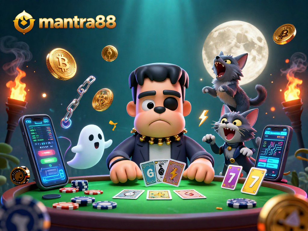 mantra88 betting scene featuring a bulldog monster and neon coins at a casino table
