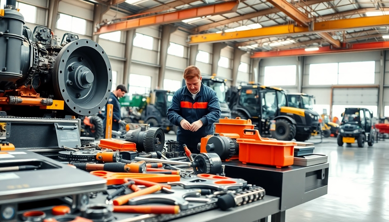 Technicians performing equipment service on heavy machinery in a workshop setting.