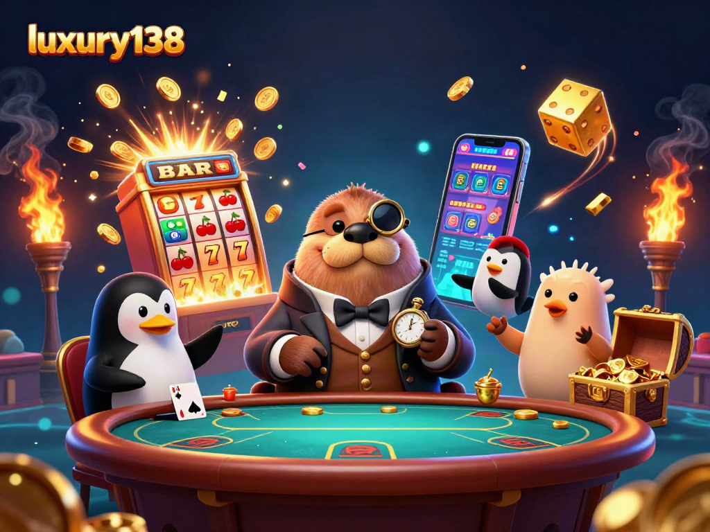 Suasana permainan slot mewah di bawah laut dengan luxury138 dan karakter lucu seperti walrus dan penguin.