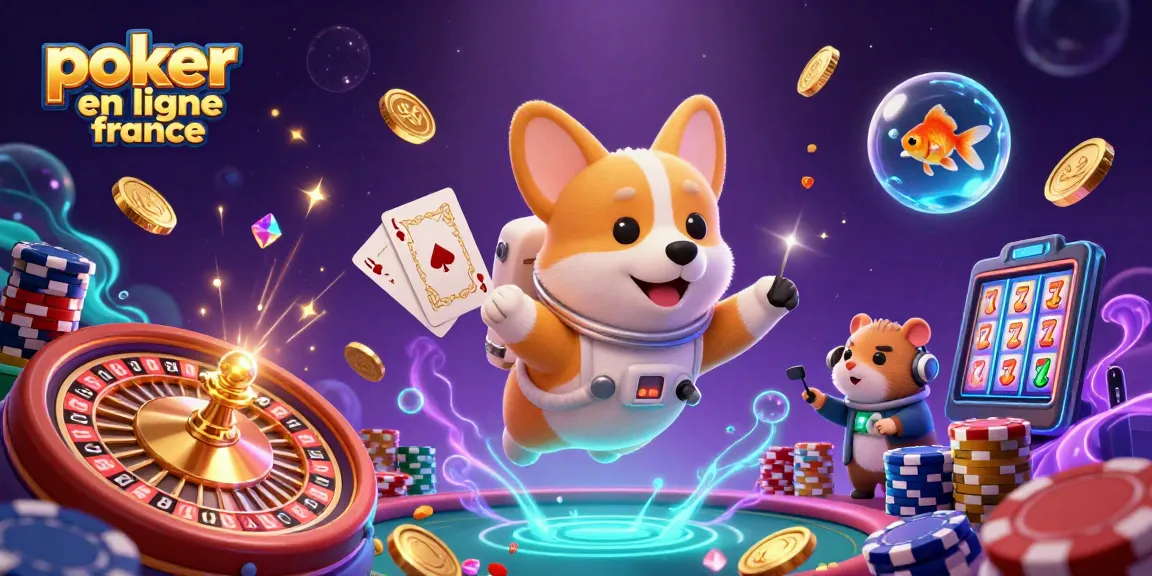 Jouez au poker en ligne France avec notre illustration dynamique, mettant en scène des personnages et des éléments de casino.