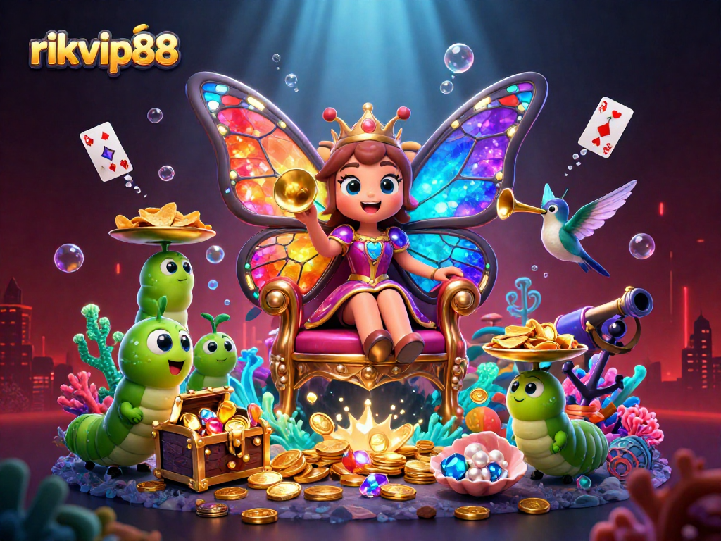 Experience the thrills of rikvip88 with vibrant casino elements in a captivating 3D art scene.