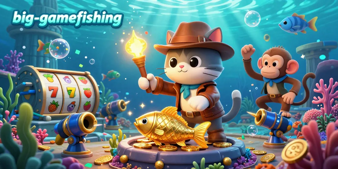 Big-gamefishing adventure showcasing a cat explorer and monkey in an underwater temple with vibrant slot elements.