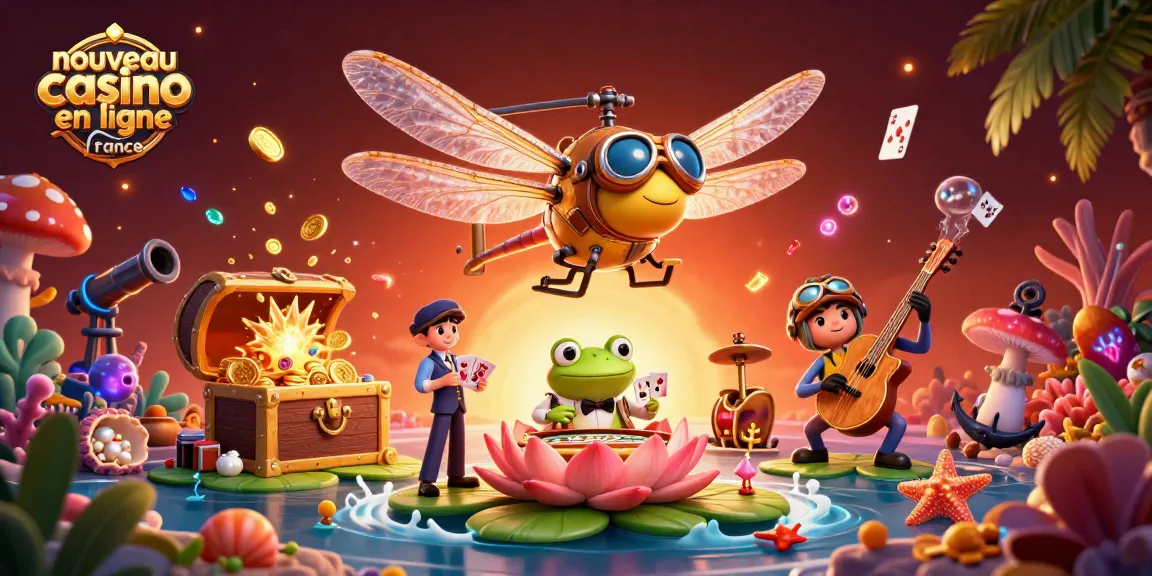Illustration dynamique d'un nouveau casino en ligne France avec un pilote libellule et un croupier grenouille