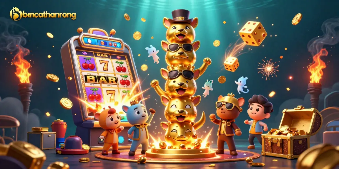 Engage with bancathanrong's vibrant casino scene featuring a golden totem pole and jackpot bursts.