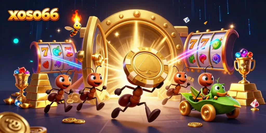 Experience thrilling heists with xoso66 as ants carry a massive poker chip amidst gleaming casino treasures.