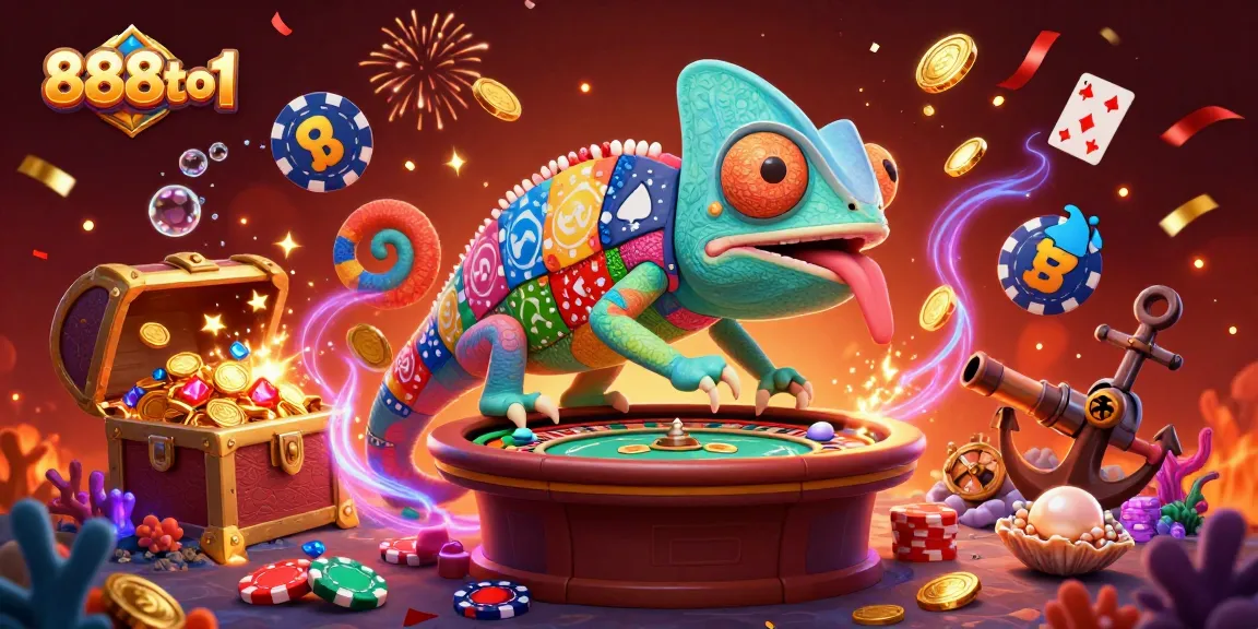 Engage in thrilling gameplay at 888to1 featuring a lively casino owner chameleon amidst gold coins and vibrant decorations.