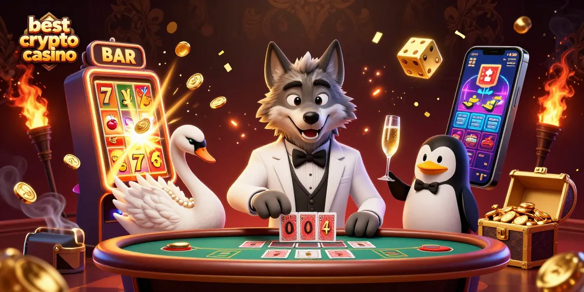 Le meilleur crypto casino offre une expérience de jeu dans un décor lumineux et animé avec un loup élégant et ses compagnons.