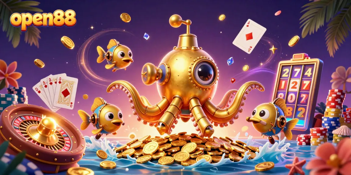 Experience thrilling games at open88 with a whimsical golden kraken submarine amidst casino treasures.