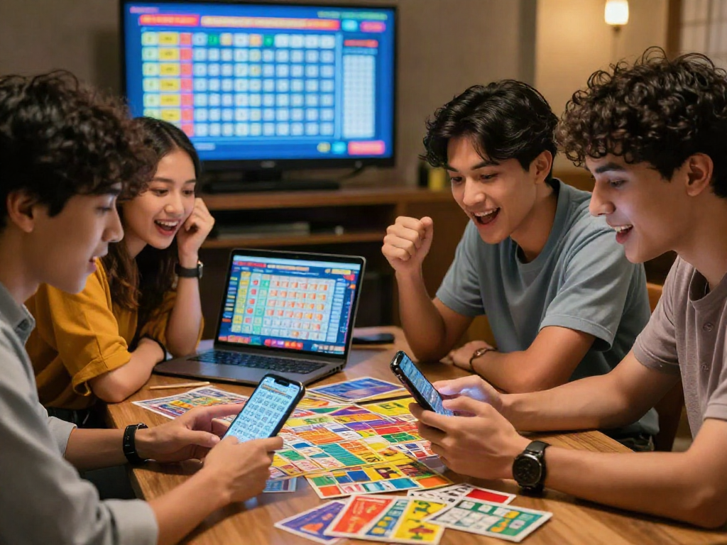 Diverse friends engaging in toto togel strategies at a gaming table surrounded by colorful tickets and a laptop.