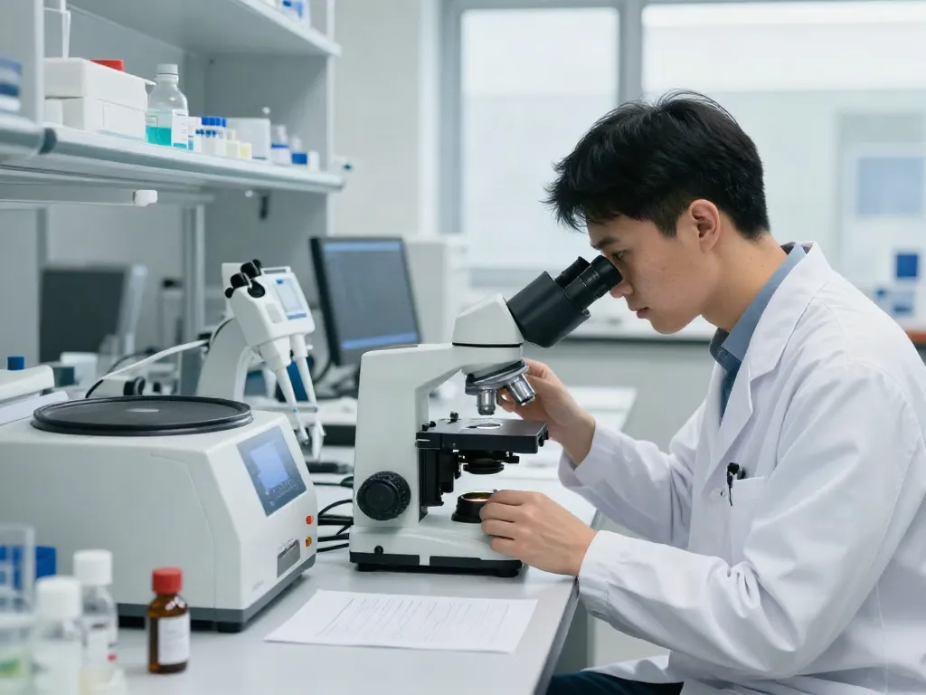 Scientist analyzing NAD+ peptide samples in a modern lab environment.