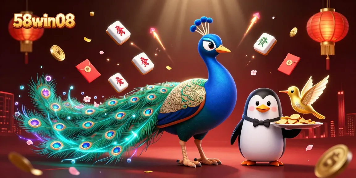 Engage with thrilling games at 58win08 featuring colorful peacock, penguin, and hummingbird in 3D illustration.