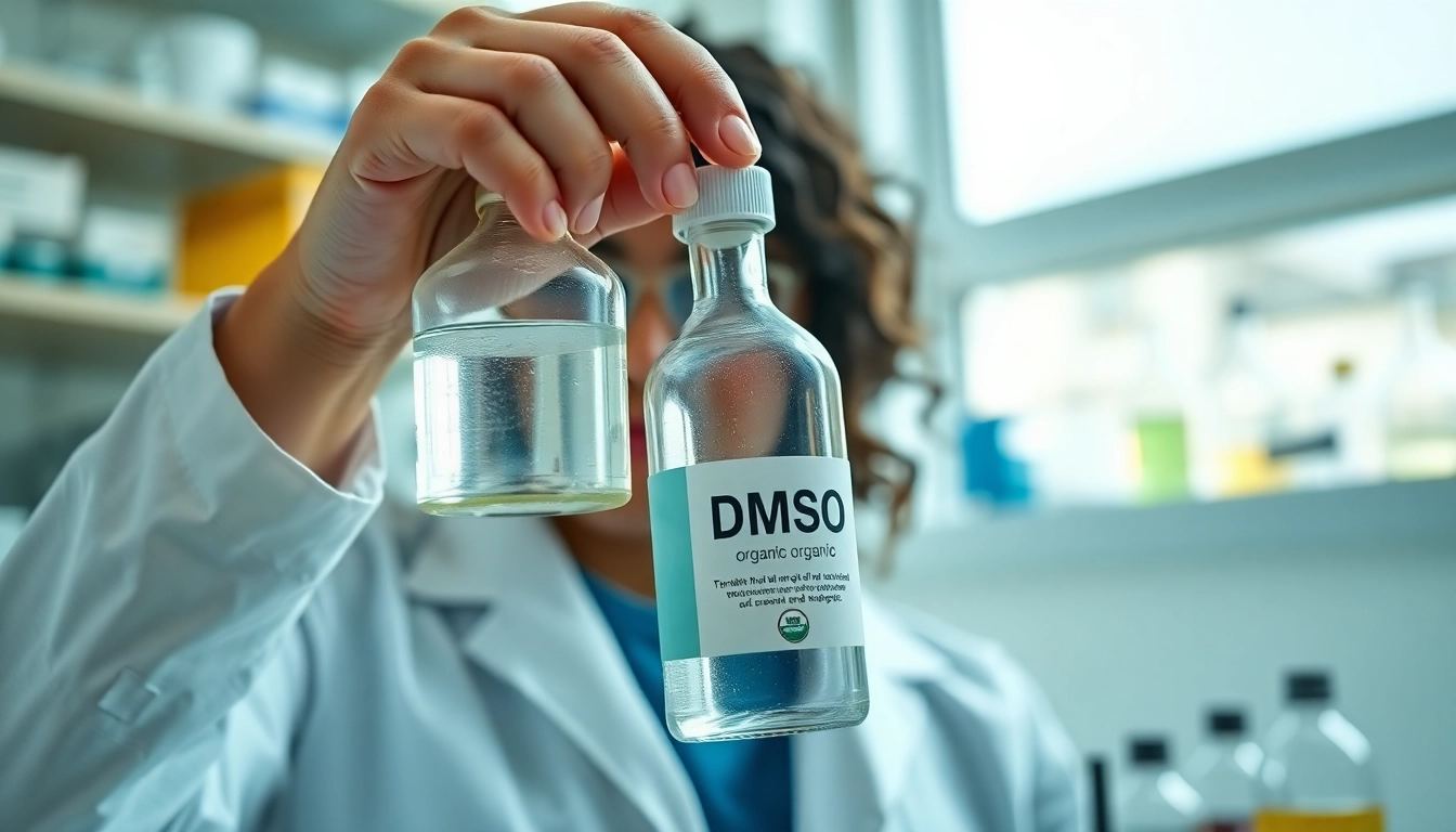 Examine DMSO organic in a lab setting with bright lighting and detailed focus.