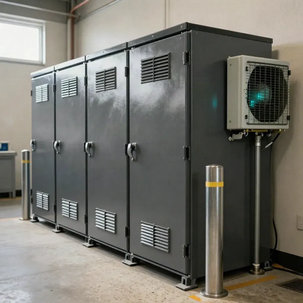Battery cabinets and conduit beside an electrical room, seen low from the floor in soft daylight.