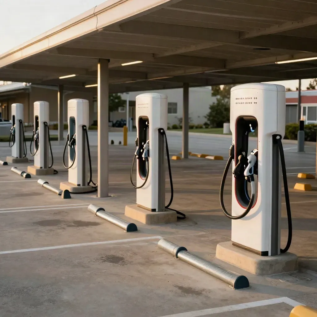 EV charger pedestals and conduit in a covered parking row at dusk