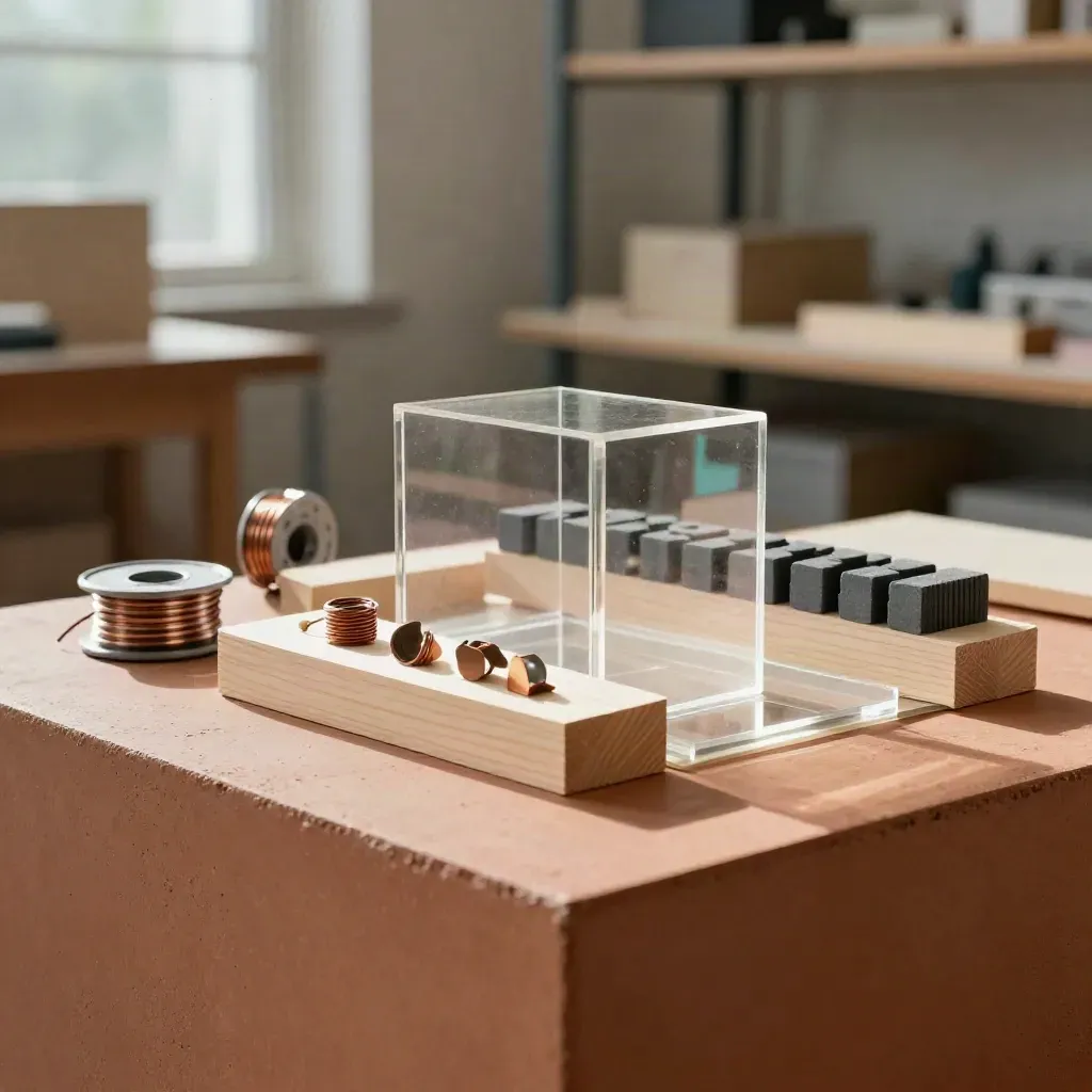 Acrylic building model with resistors and cable reels on a warm studio workbench.