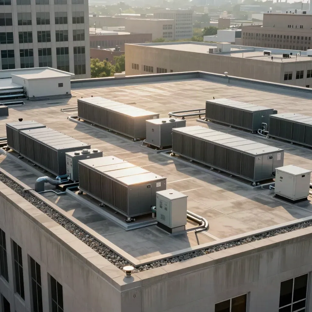 Rooftop HVAC and battery cabinets on an office park in warm afternoon light