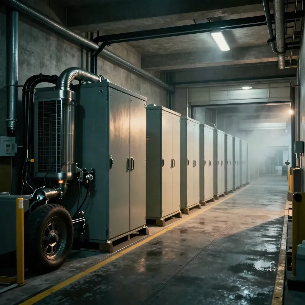 Warehouse loading bay with battery cabinets and refrigeration equipment glowing in a power-backup setup.