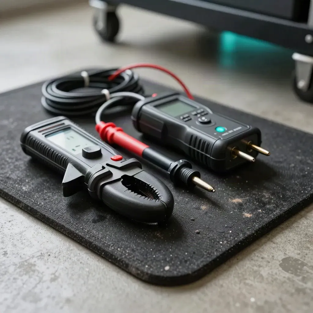 Macro view of electrical audit tools on a black rubber mat with teal indicator glow.