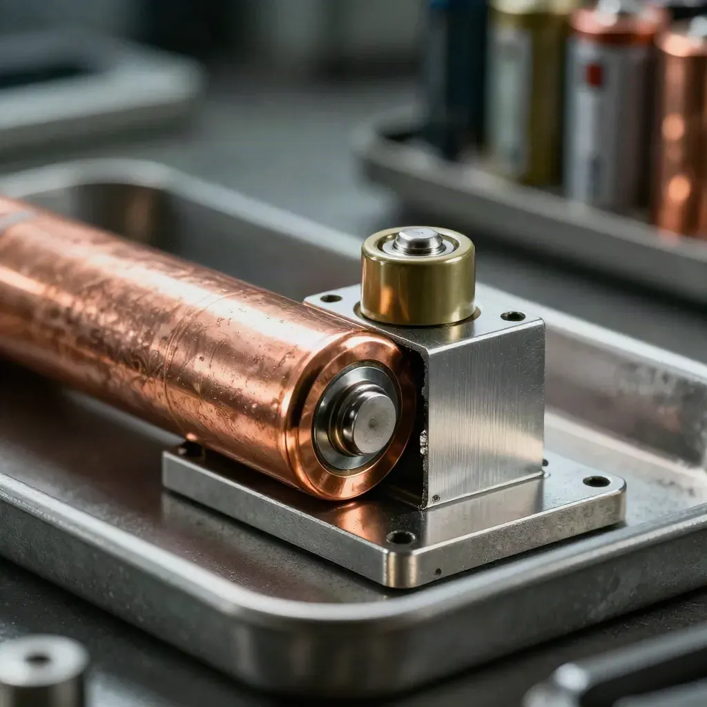 Macro of a battery module with copper busbar and cooling plate on an industrial workbench.