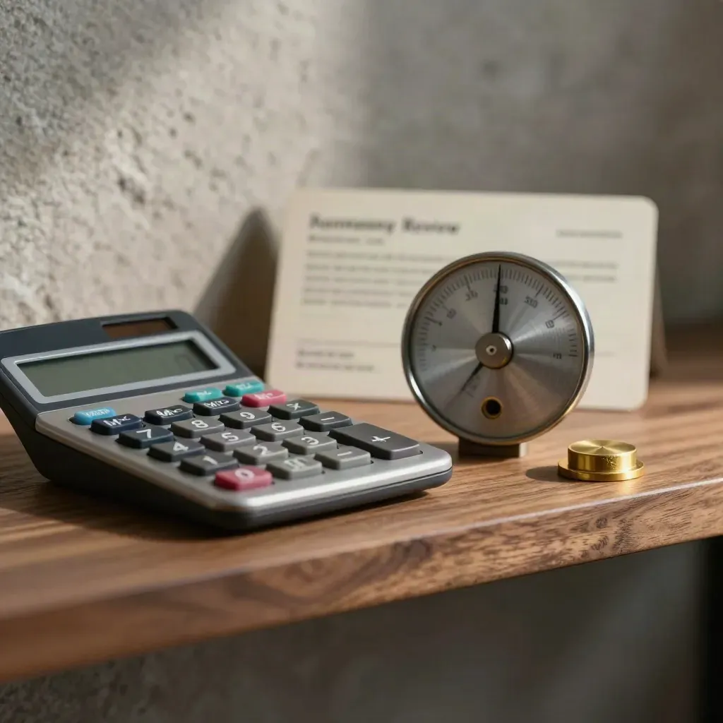 Calculator, meter wheel, and brass seal on a walnut shelf in soft side light.