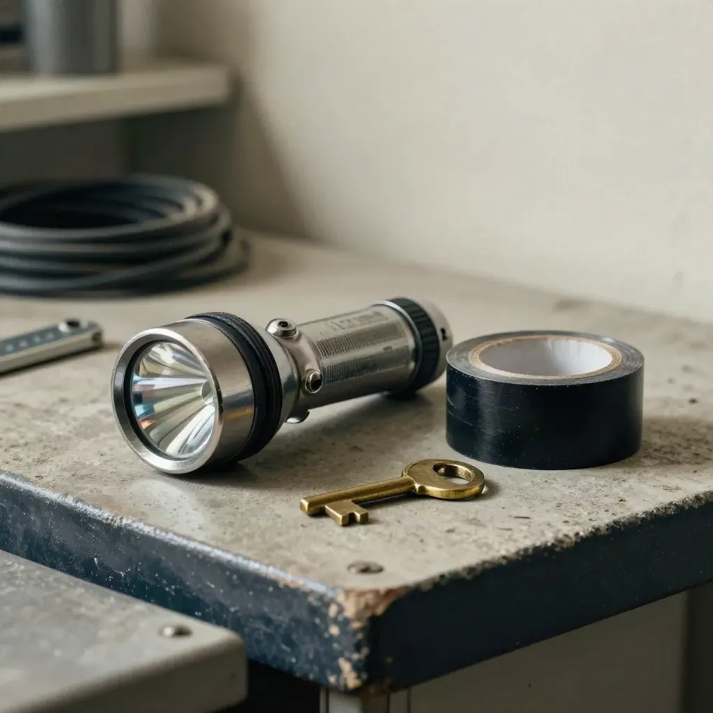 Flashlight, roof-fastener sample, service key and tape on a concrete workbench