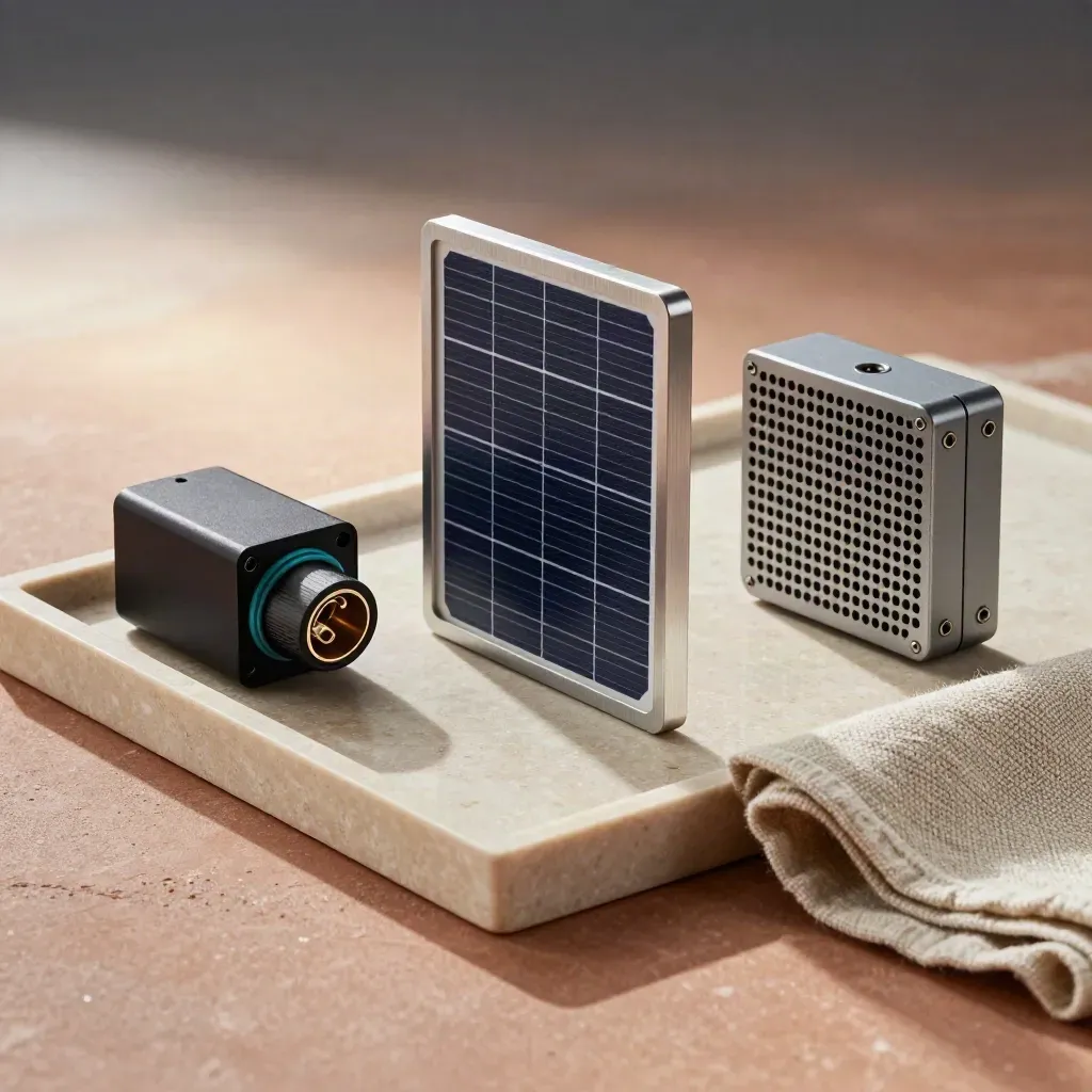 Solar module, battery block, EV connector, and heat-pump grille on a stone tray