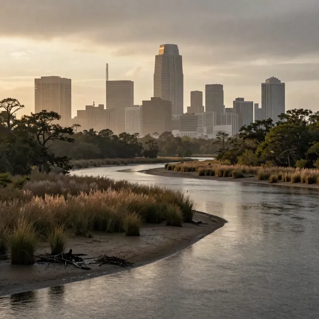 Houston skyline above a misty bayou with calm water and marsh grasses