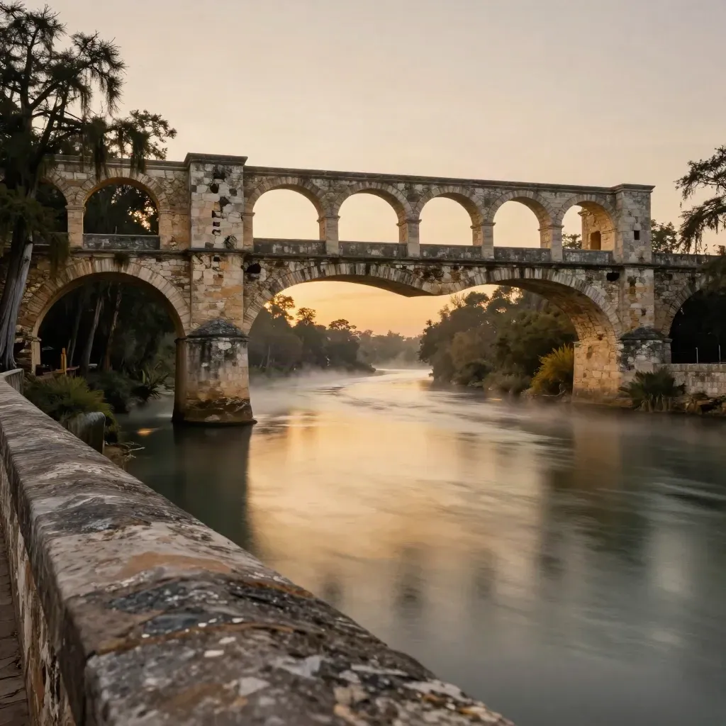 San Antonio River bend at dusk with mission stone arches, cypress shadows, and calm misty water.