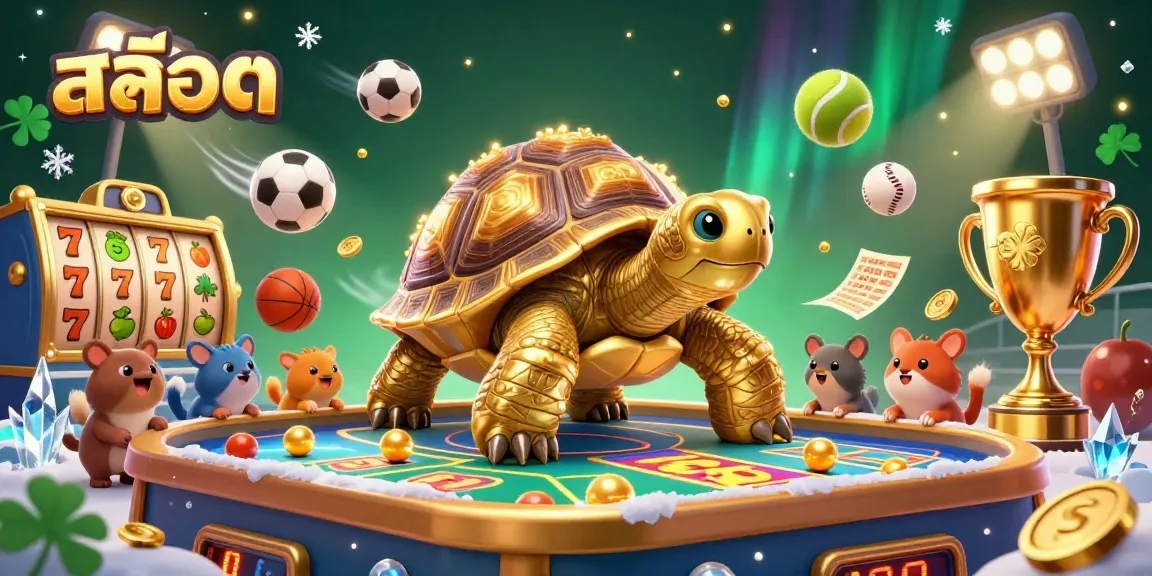Experience the thrill of สล็อต with a vibrant illustration of a golden tortoise pinball machine, surrounded by interactive game elements.