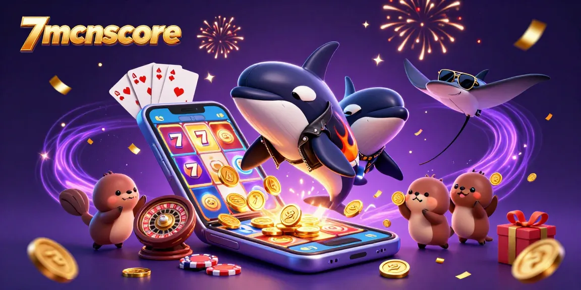 Engage with 7mcnscore's lively scene featuring a biker orca whale and gold-coin-holding sea otters.